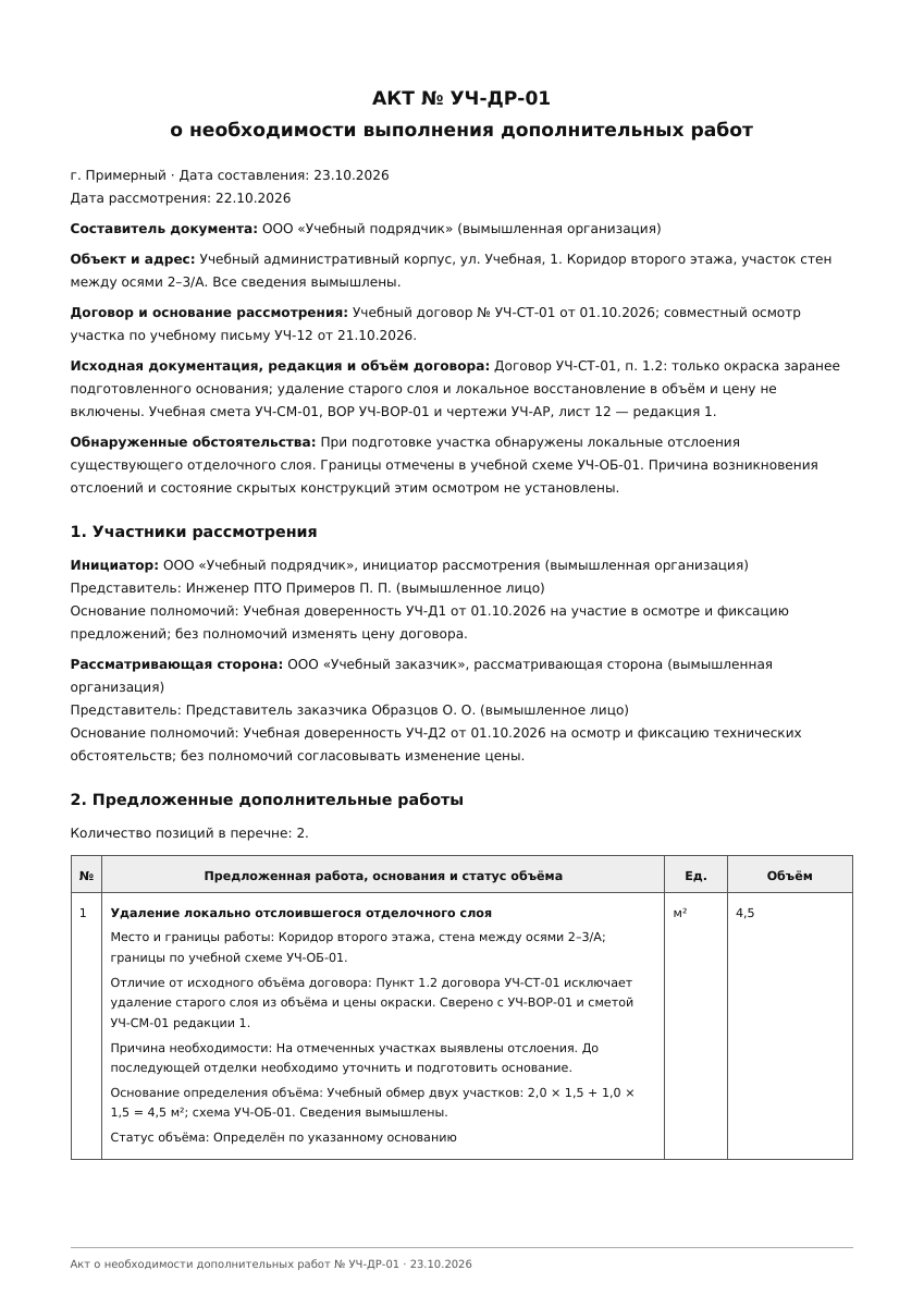 Лист 1 учебного акта о необходимости дополнительных работ