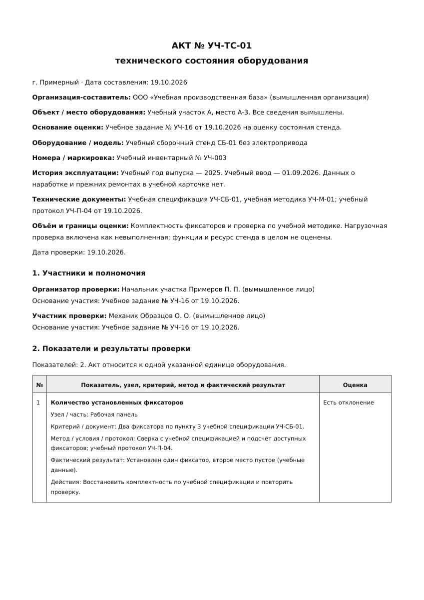 Лист 1 учебного акта технического состояния оборудования