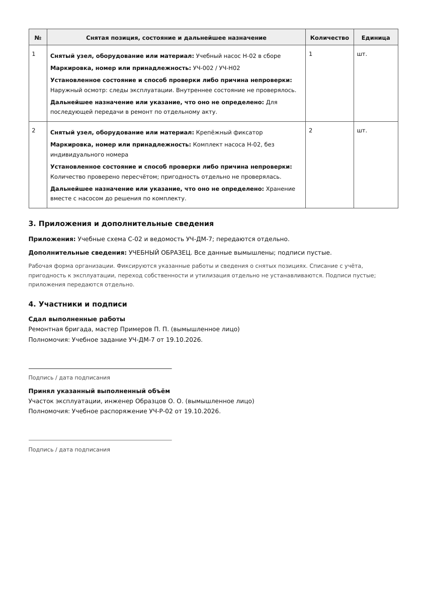 Лист 2 учебного акта демонтажа оборудования