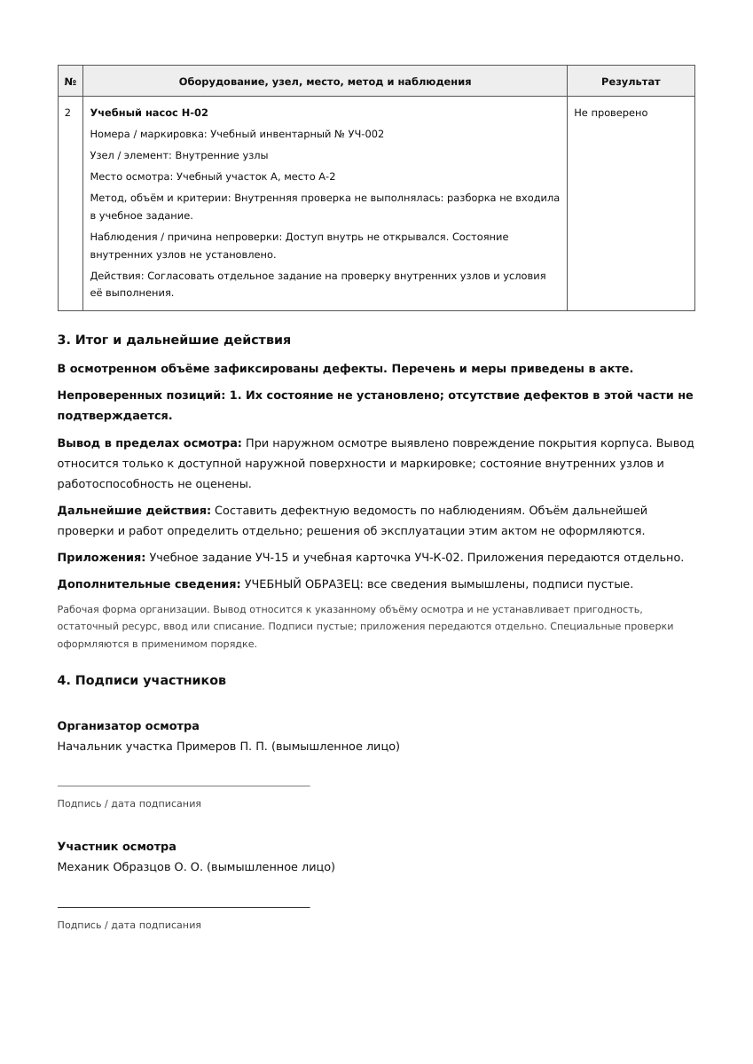 Лист 2 учебного акта осмотра оборудования