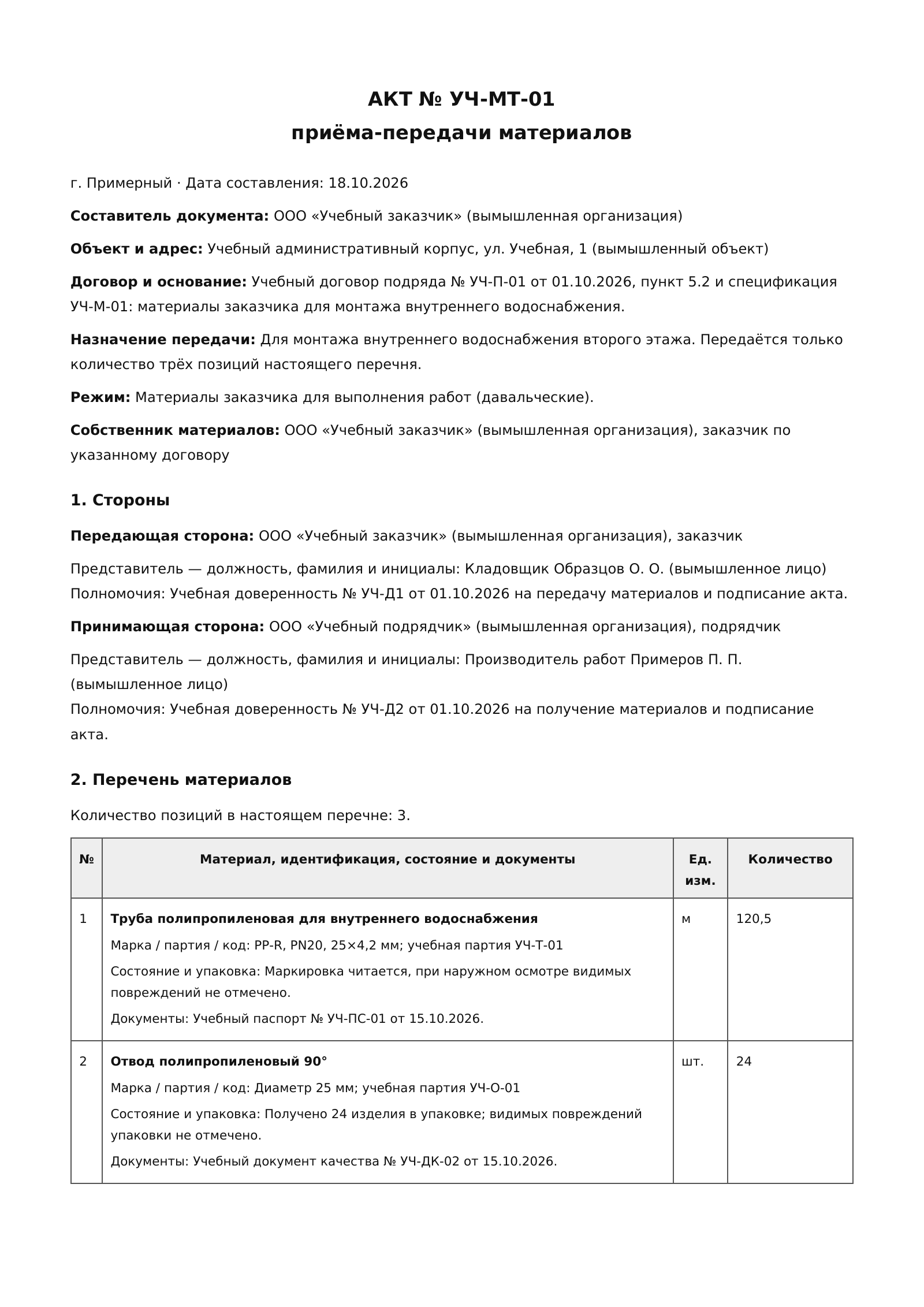 Лист 1 учебного акта приёма-передачи материалов